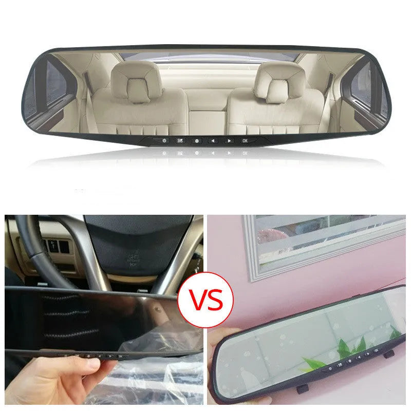 Black car driving recorder mounted on rearview mirror with 4.3-inch display and 170° wide angle lens.