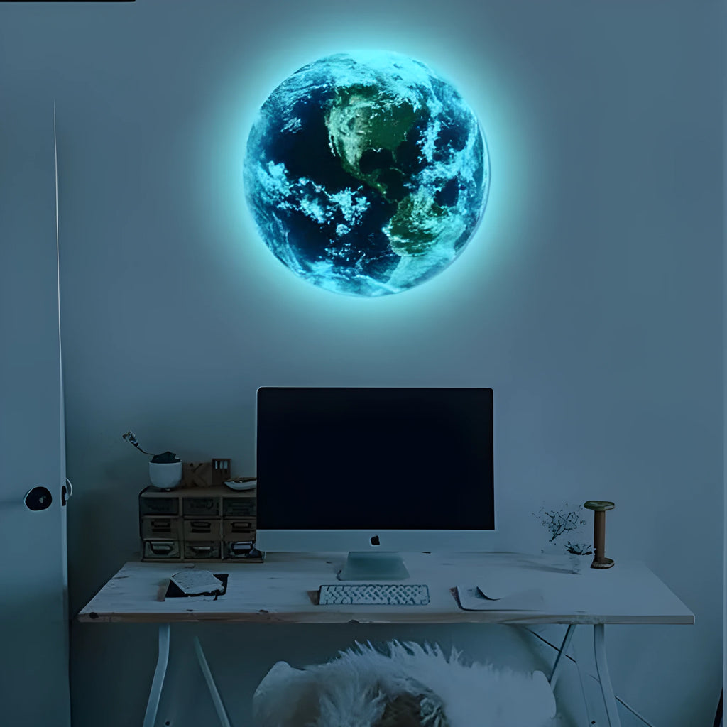 Glow in the dark 3D Earth planet wall sticker on a blue background