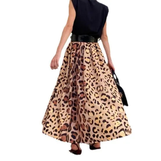 Brown leopard print women's A-line long skirt with big hem design