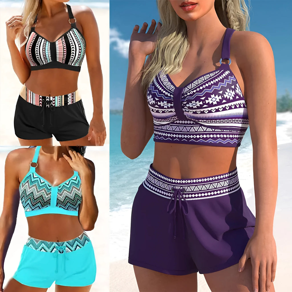 Women's two-piece print bikini swimsuit in polyester fabric shown in S M L XL sizes.