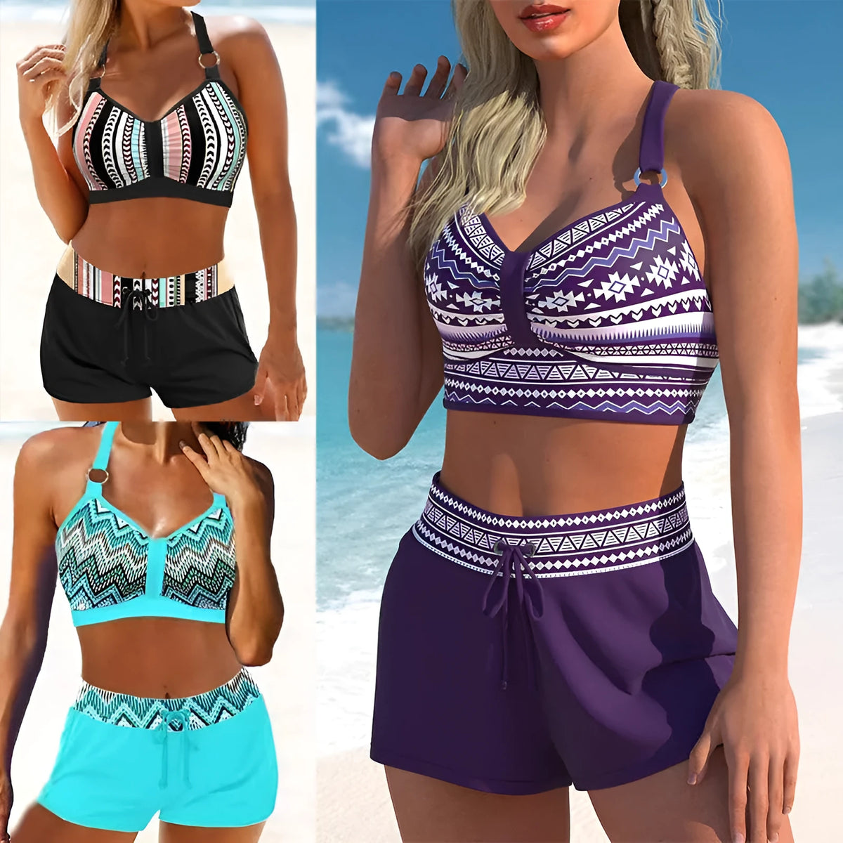 Women's two-piece print bikini swimsuit in polyester fabric shown in S M L XL sizes.