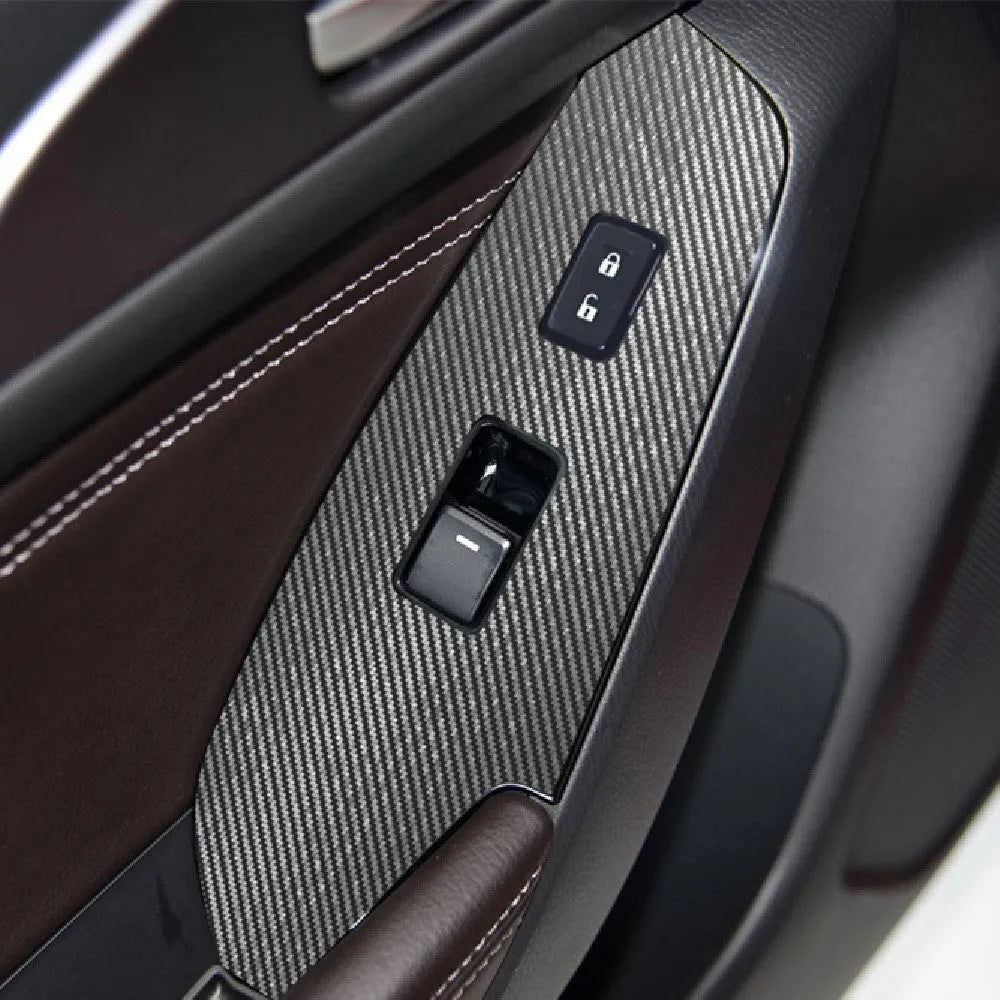 Four TPU protective films for a 14-19 car door control panel, showing transparent and black finish options.
