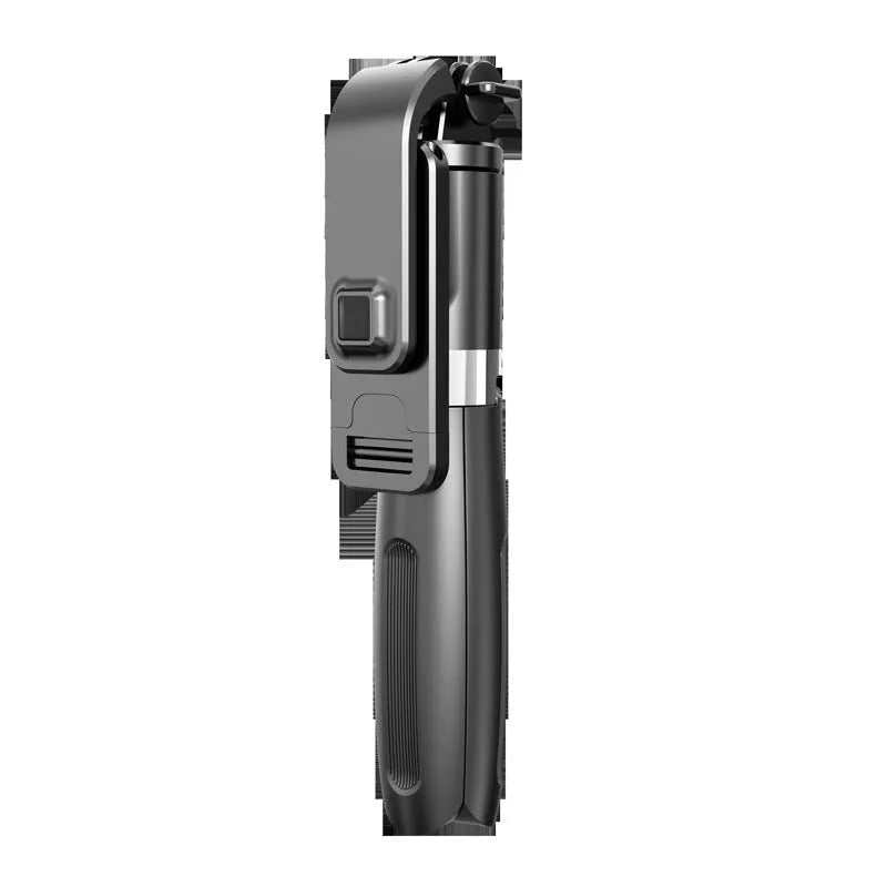 Black Bluetooth selfie stick with tripod base extended, showing wireless remote and phone mounted.