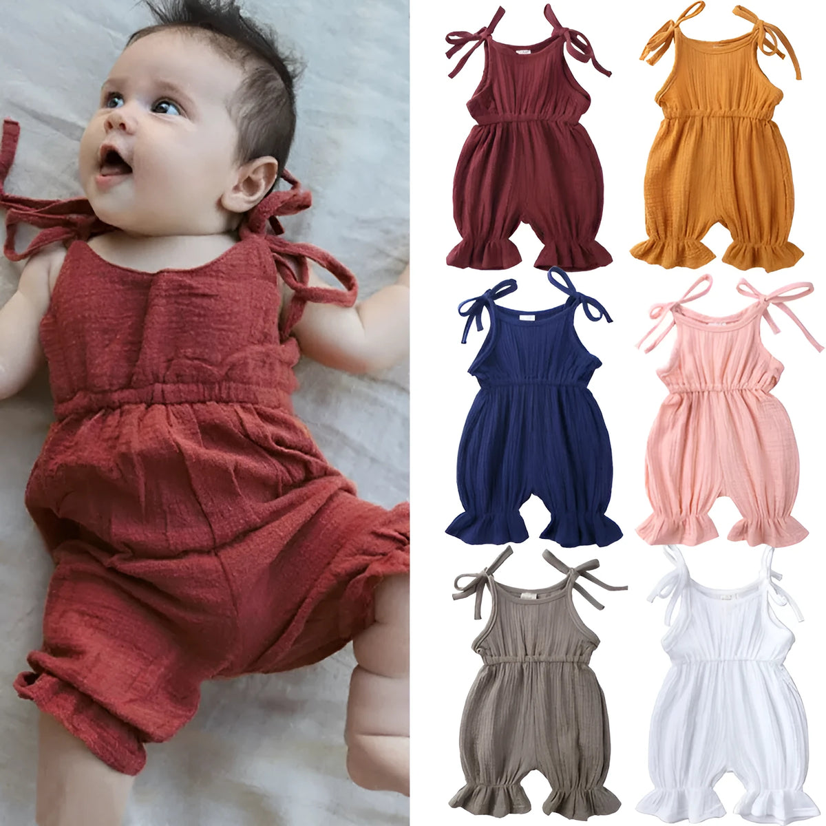 Baby girls sleeveless cotton romper jumpsuit in solid colours, sizes 70-110