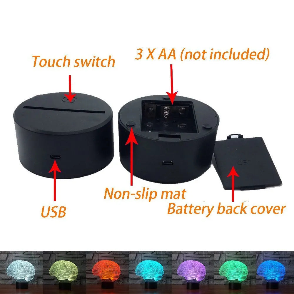 3D acrylic brain-shaped LED lamp with remote control on a wooden desk, projecting colourful light
