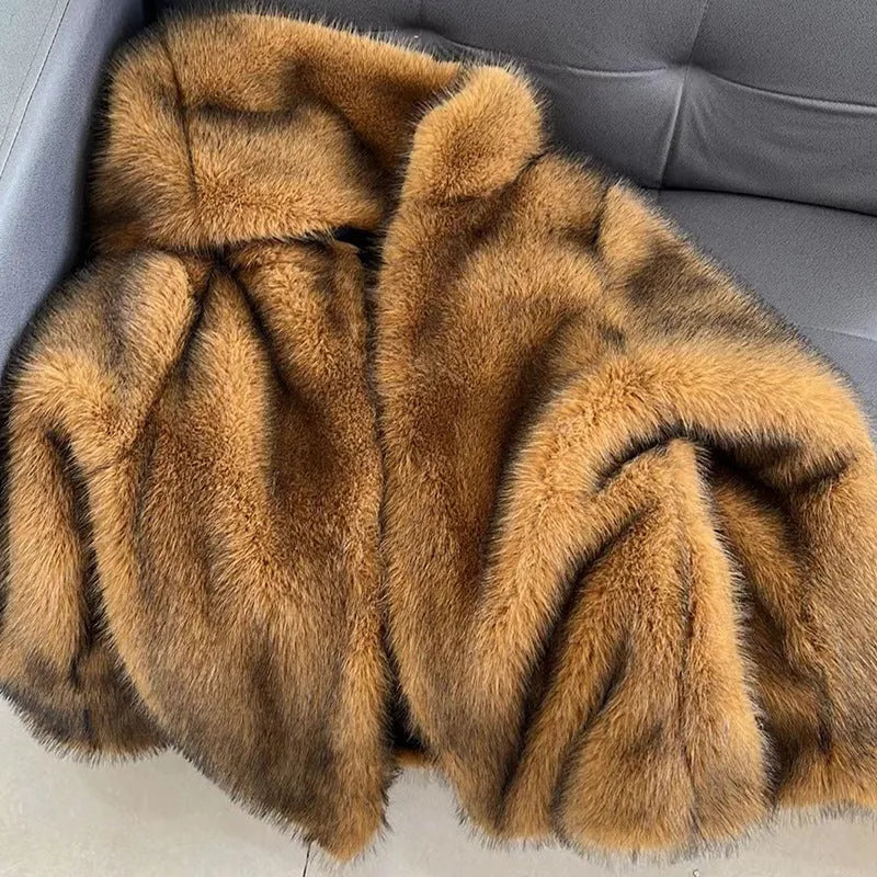 Silver grey mid-length artificial fur coat for women with loose fit design