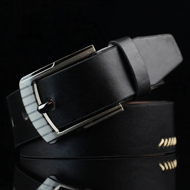 Men's black retro-style pin buckle belt with pattern detail on imitation leather strap.