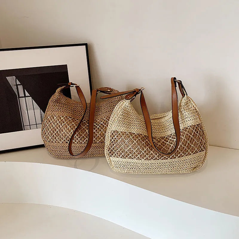 Women's straw cross body bag in khaki colour with horizontal square design and sandwich pocket