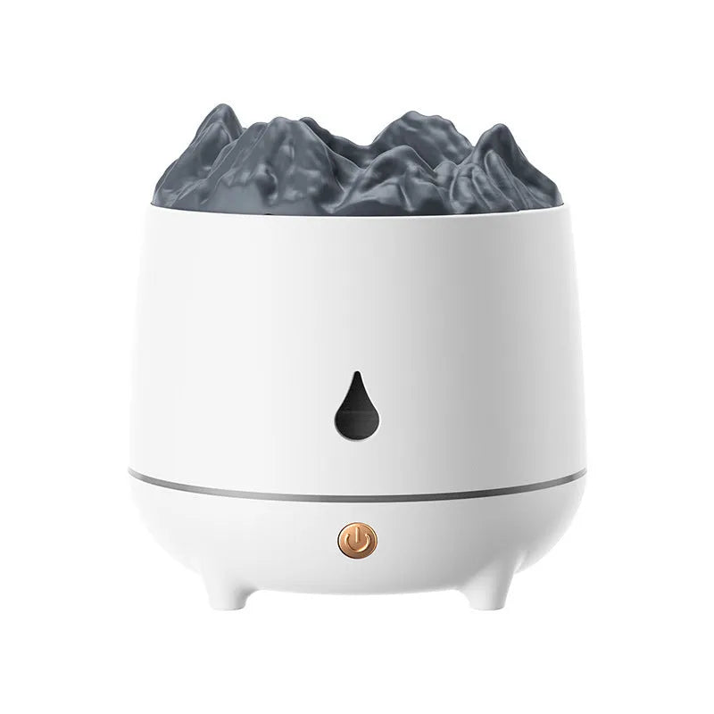 Volcano-shaped ultrasonic humidifier with USB cable on wooden surface