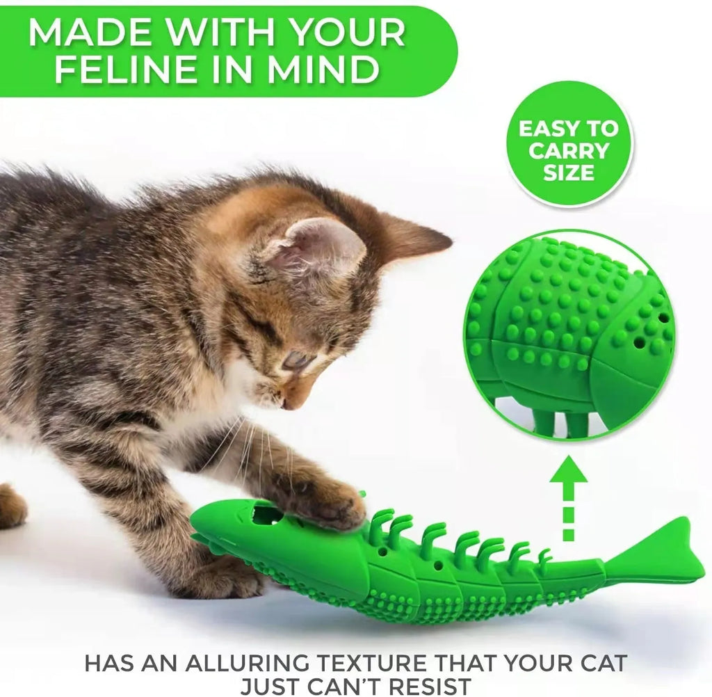 Blue hard rubber catnip toy with toothbrush texture for chewing and play.