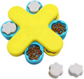 Yellow three-layer rotating dog food puzzle feeder with anti-slip rubber base