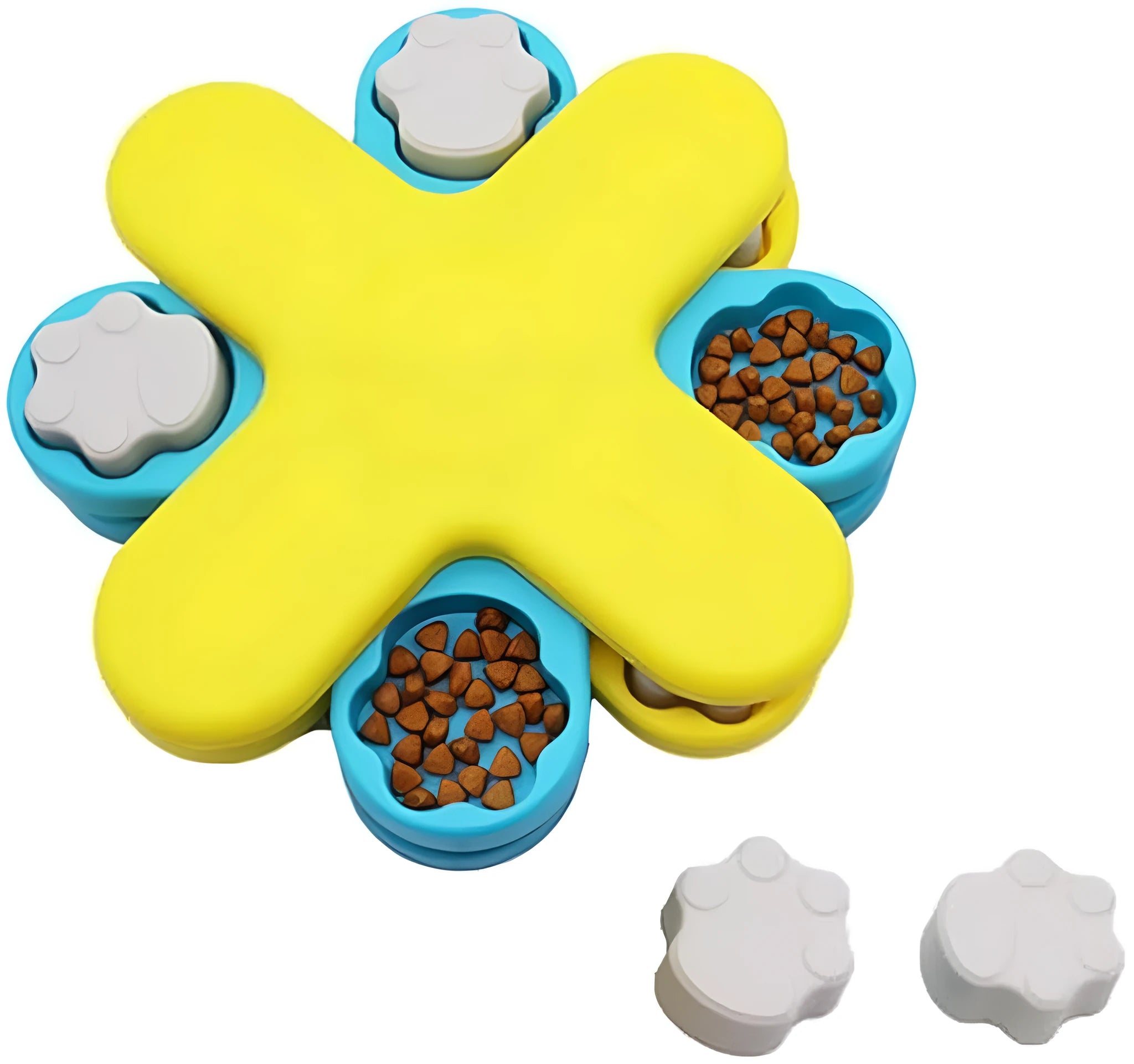 Yellow three-layer rotating dog food puzzle feeder with anti-slip rubber base