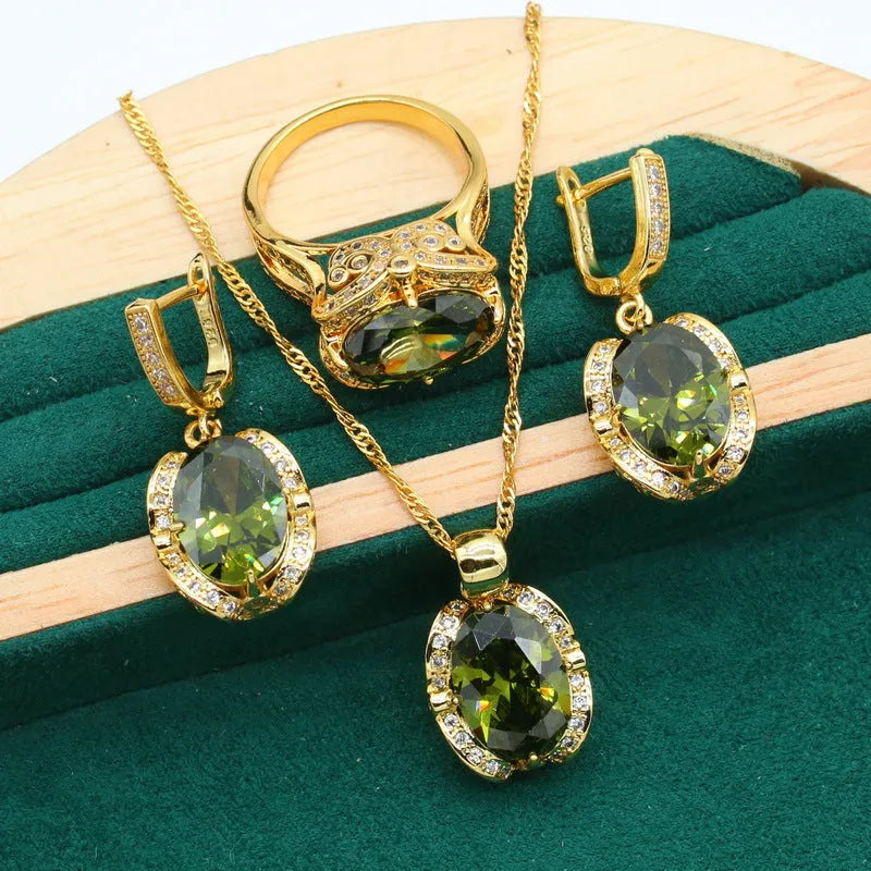 Full rhinestone zircon women's jewellery set with necklace, earrings and ring in olive green or red