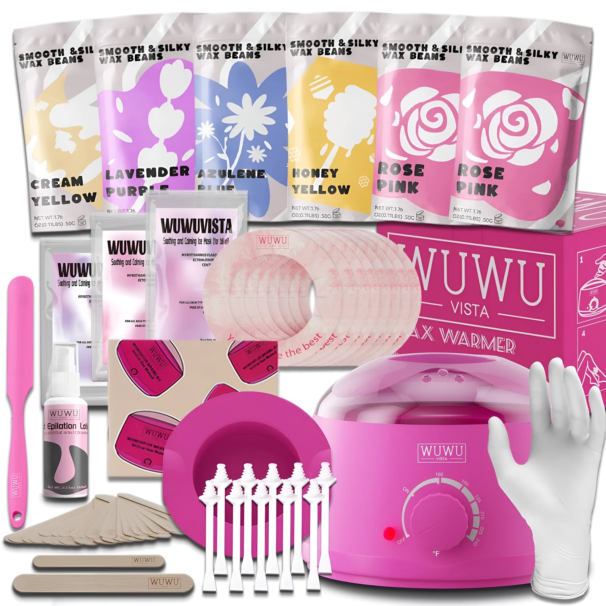 WUWUVISTA 56-piece waxing kit with wax warmer, six coloured wax bead jars, applicators and aftercare products