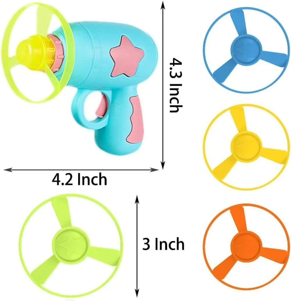 Blue interactive cat toy gun with spinning plastic frisbee for indoor cat chase play