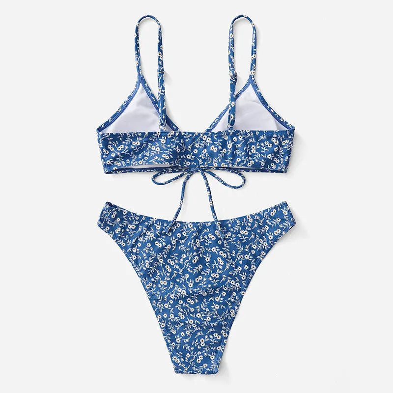 Blue women's swimsuit three-piece set without underwire including top and shorts