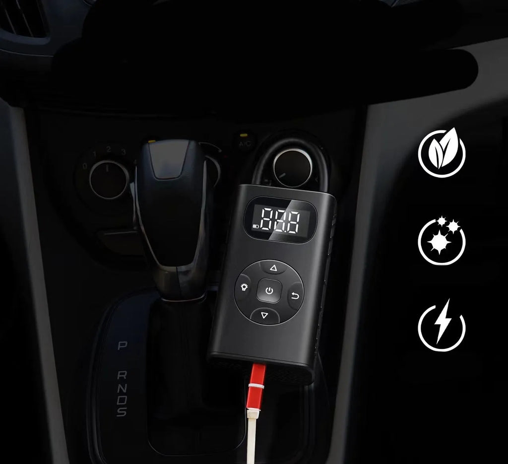 Black cuboid portable air compressor power bank with USB cable for car and bike tyre inflation