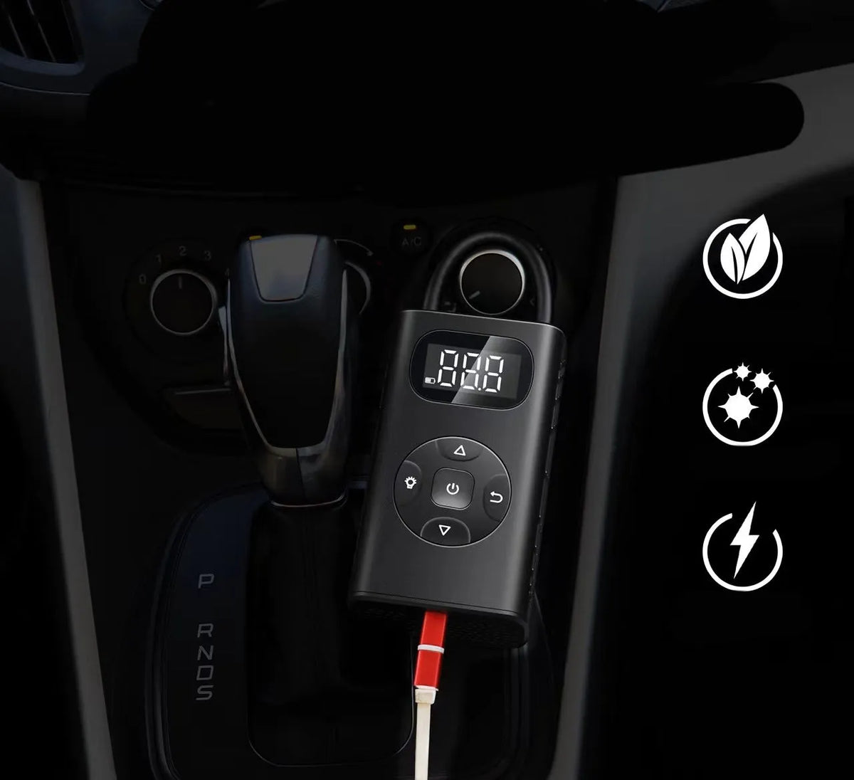 Black cuboid portable air compressor power bank with USB cable for car and bike tyre inflation