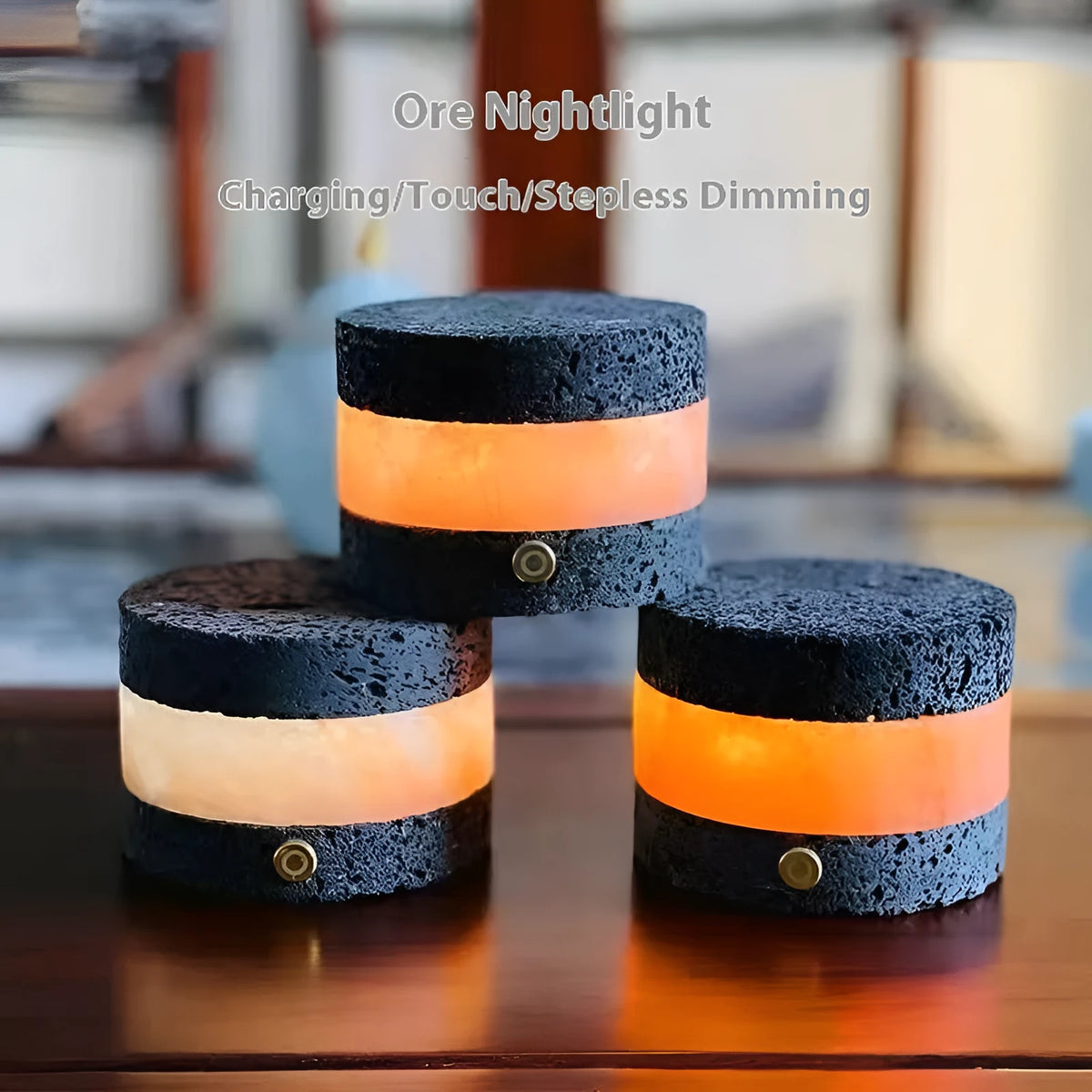 Orange volcanic rock USB night lamp with touch dimming and essential oil diffuser measuring 9cm by 7.5cm