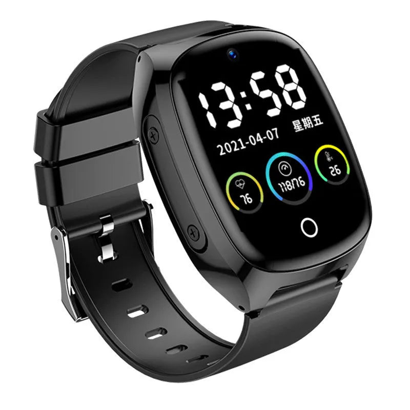 Black GPS tracker smartwatch with 1.54-inch touch screen showing SOS function interface