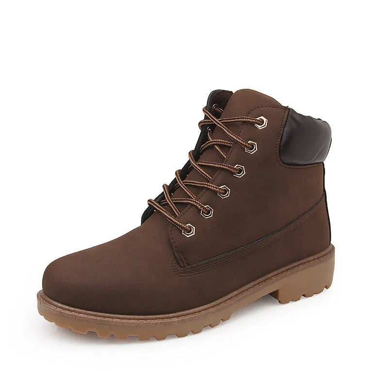 Men's pink high-top Martin boots with velvet lining and flat sole on a white background.