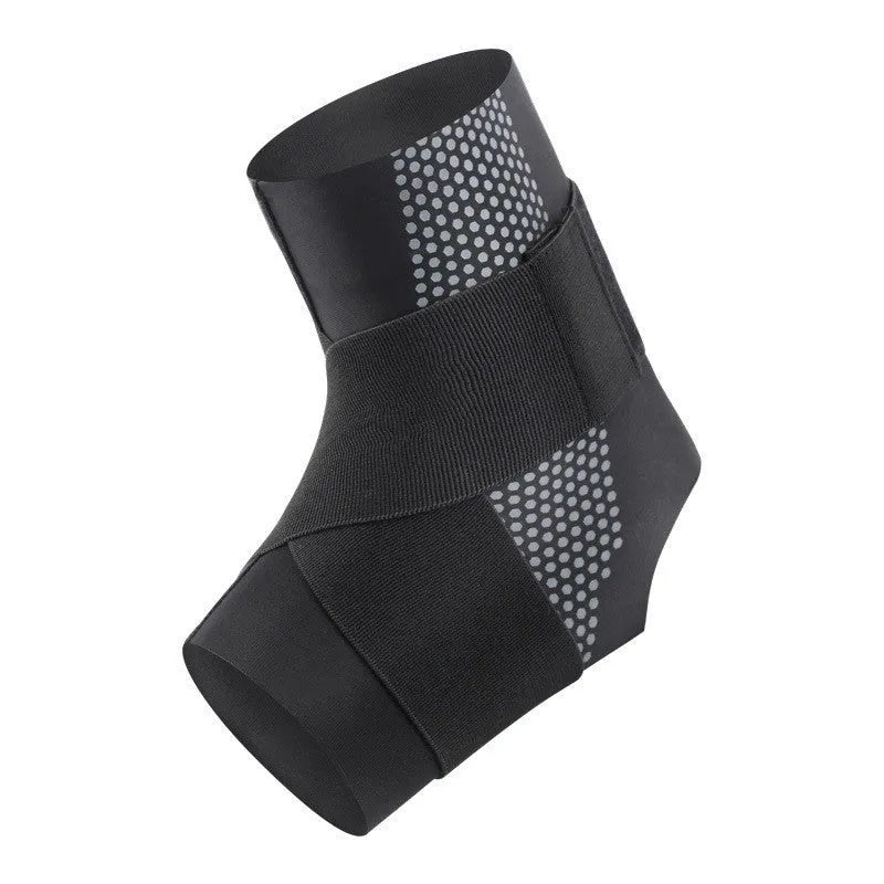 Black Lycra ankle support protector worn on an adult foot.