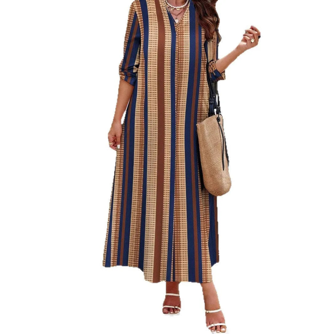Camel vertical striped knitted long dress with V-neck and A-line skirt in Japanese casual style