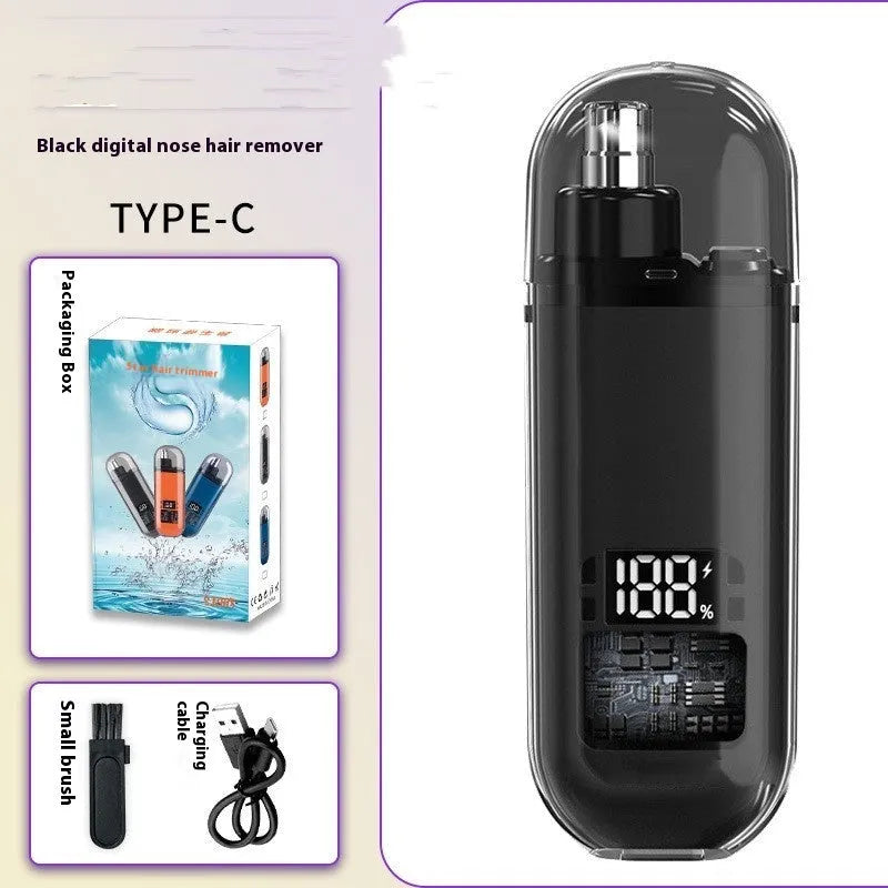 Rechargeable nose hair trimmer with digital display and removable cutter head.