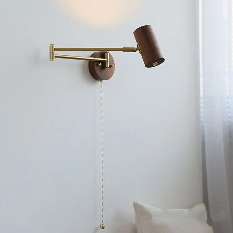 Retro-style wooden and iron wall lamp with a long, rotating arm and integrated switch.