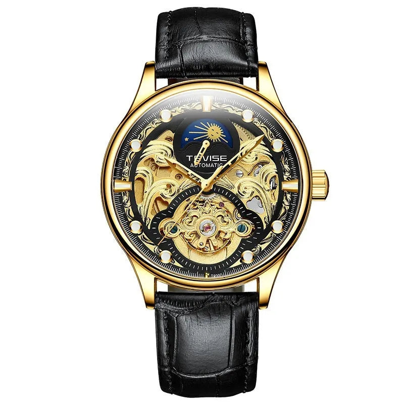 Men's automatic mechanical watch with leather strap in gold or white colours showing 16mm thickness