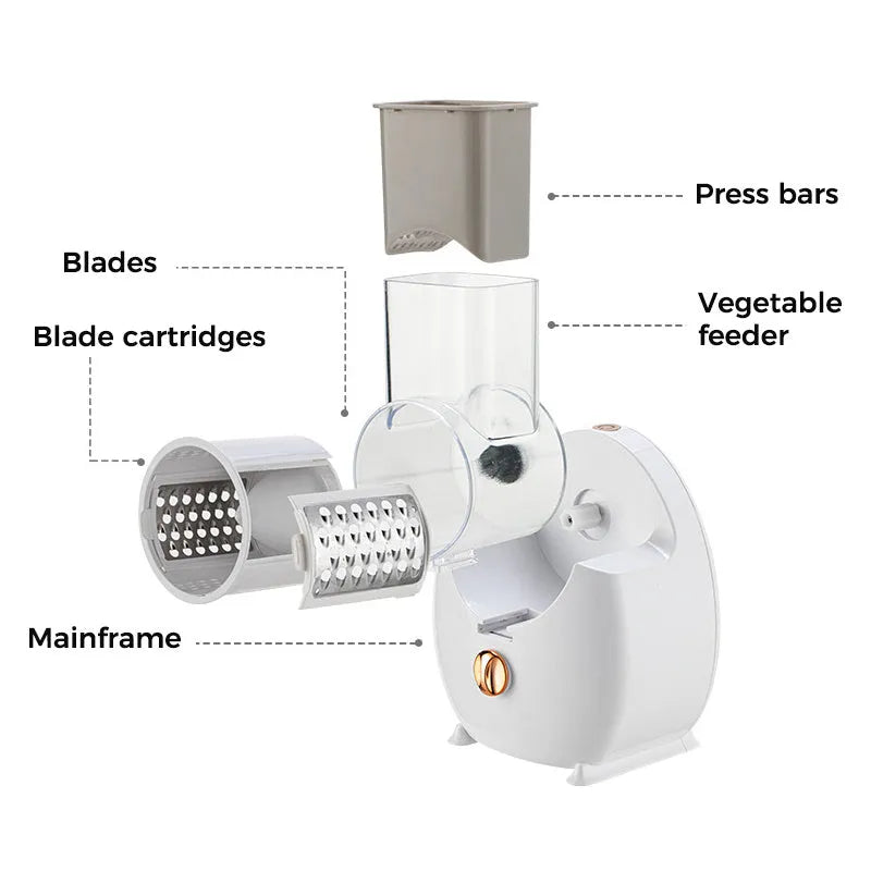 White electric vegetable slicer with three blade pairs and strong suction base for kitchen use