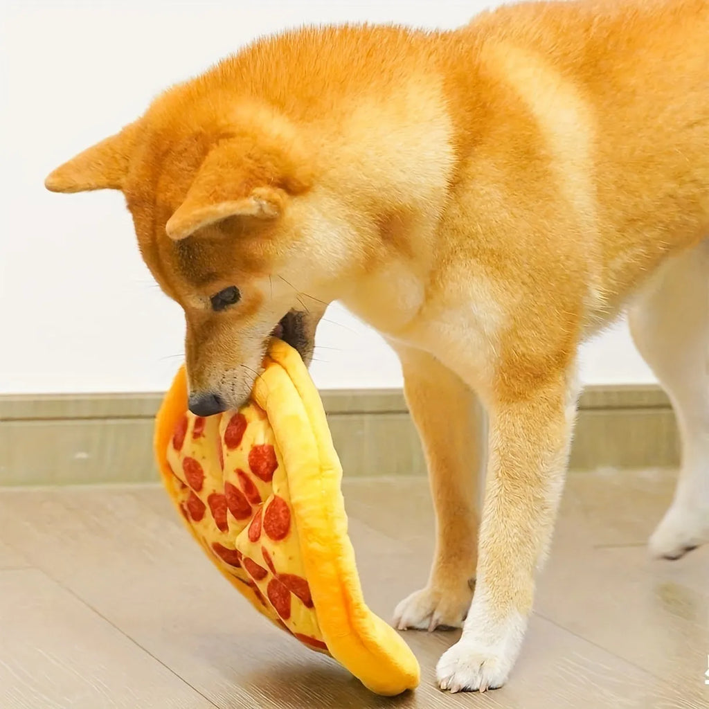 Yellow pizza design dog chewing toy with teddy bear motif measuring 20cm across