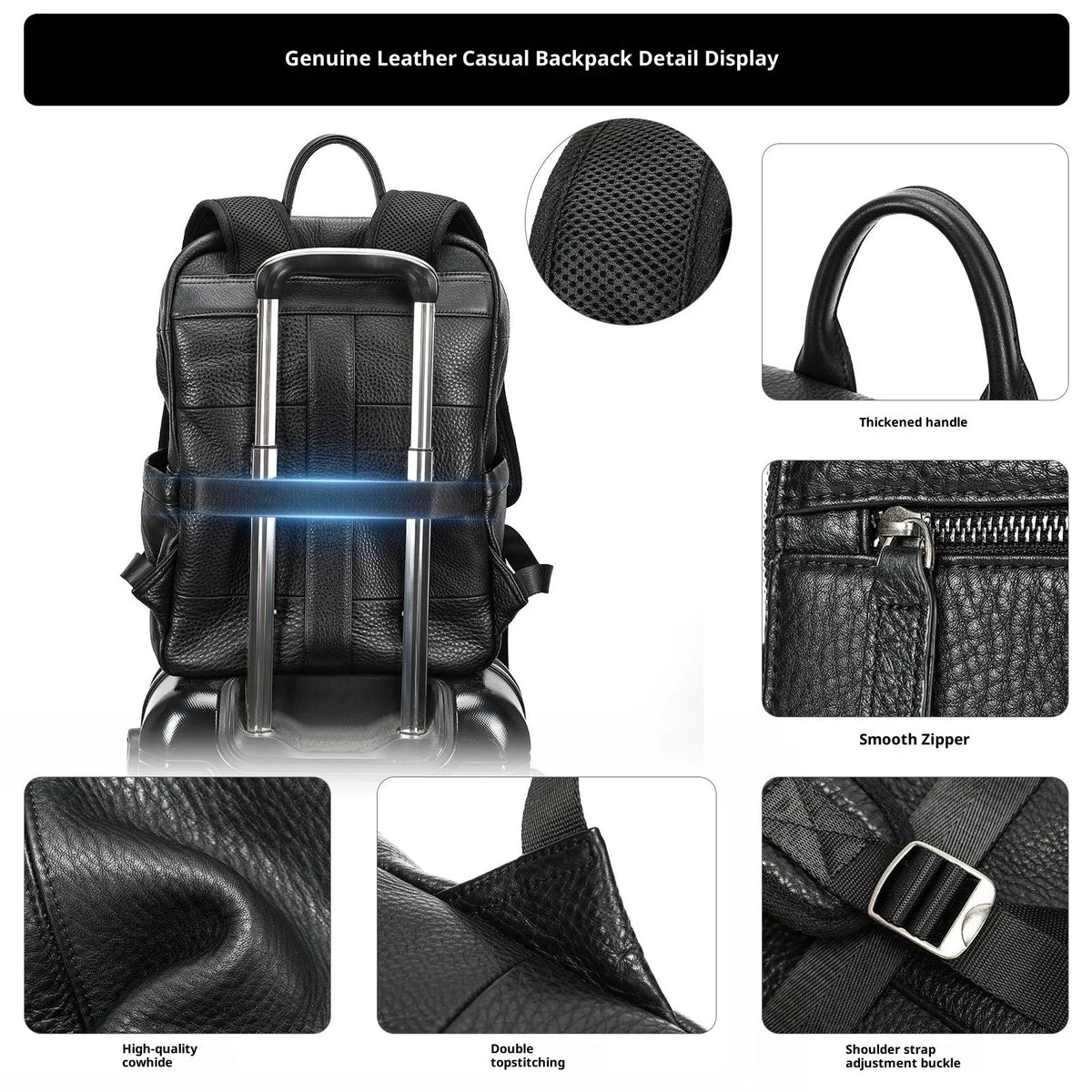 Black men's first layer cowhide backpack, 31 x 15 x 42cm, 20-35L, for business travel and leisure