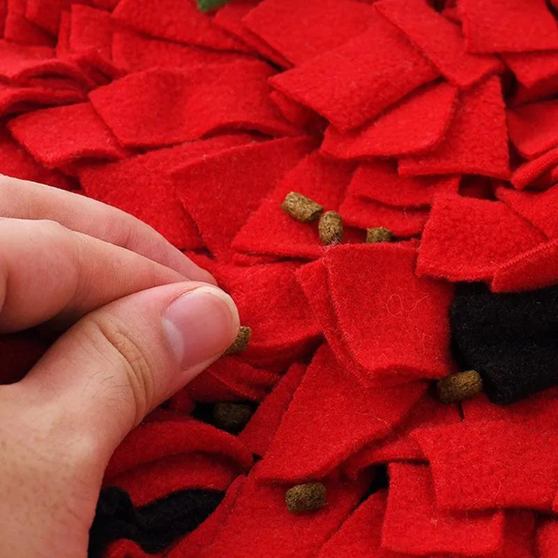 Red and green strawberry shaped pet slow feeder mat with textured foraging surface