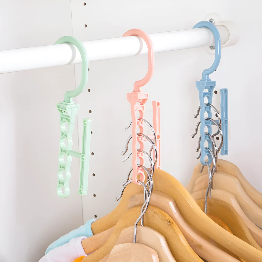 Blue revolving wardrobe hanger with five branches and handle for multi-garment storage