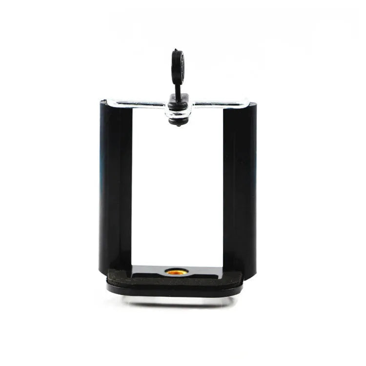 Black plastic U mobile phone clip hose bracket showing universal phone holder attached to cylindrical object