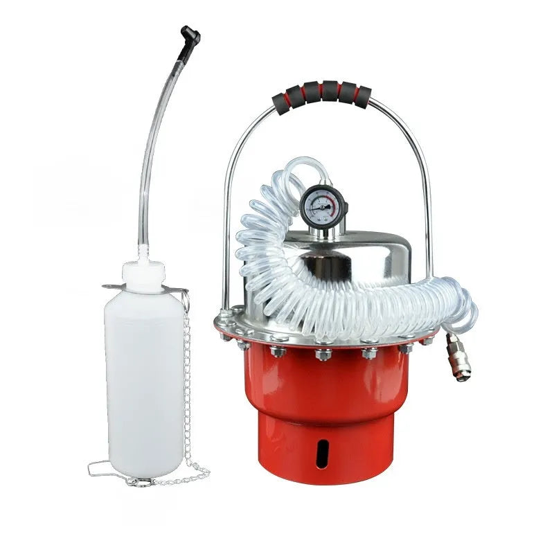 Pneumatic brake fluid replacement pumping tool with large tank and pressure gauge