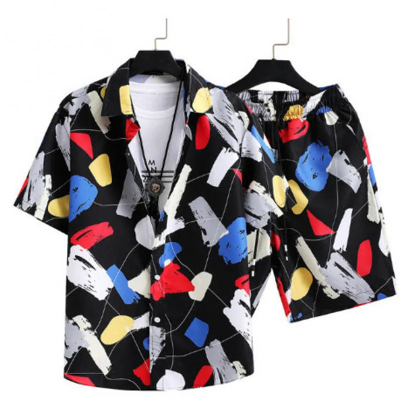 Men's digital print casual suit with short sleeve shirt and matching shorts in flexible polyester fabric