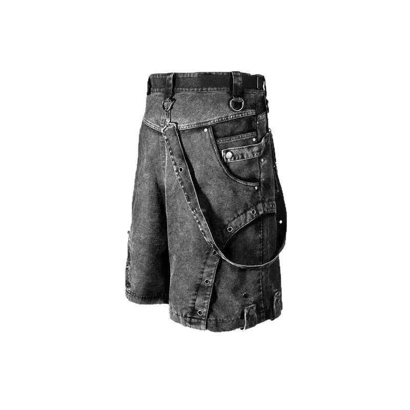 Loose fit high waist denim shorts in a pictured colour on a hanger.