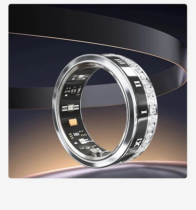 Diamond inlaid smart ring for blood oxygen monitoring in silver and gold colours on a finger.
