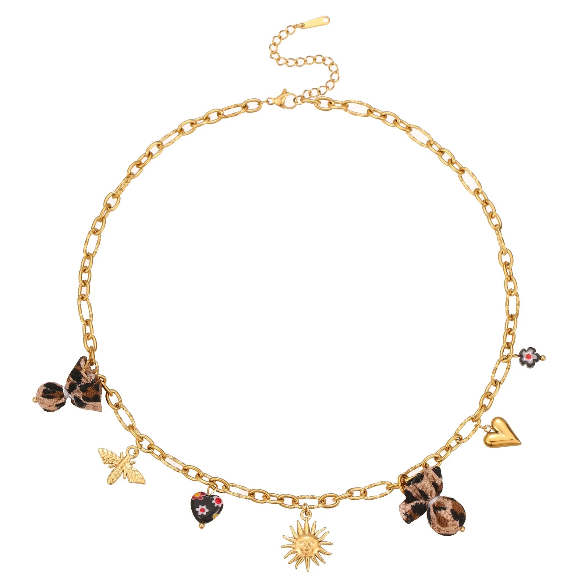Gold-coloured stainless steel necklace with leopard pattern pendant on adjustable 41-50cm chain