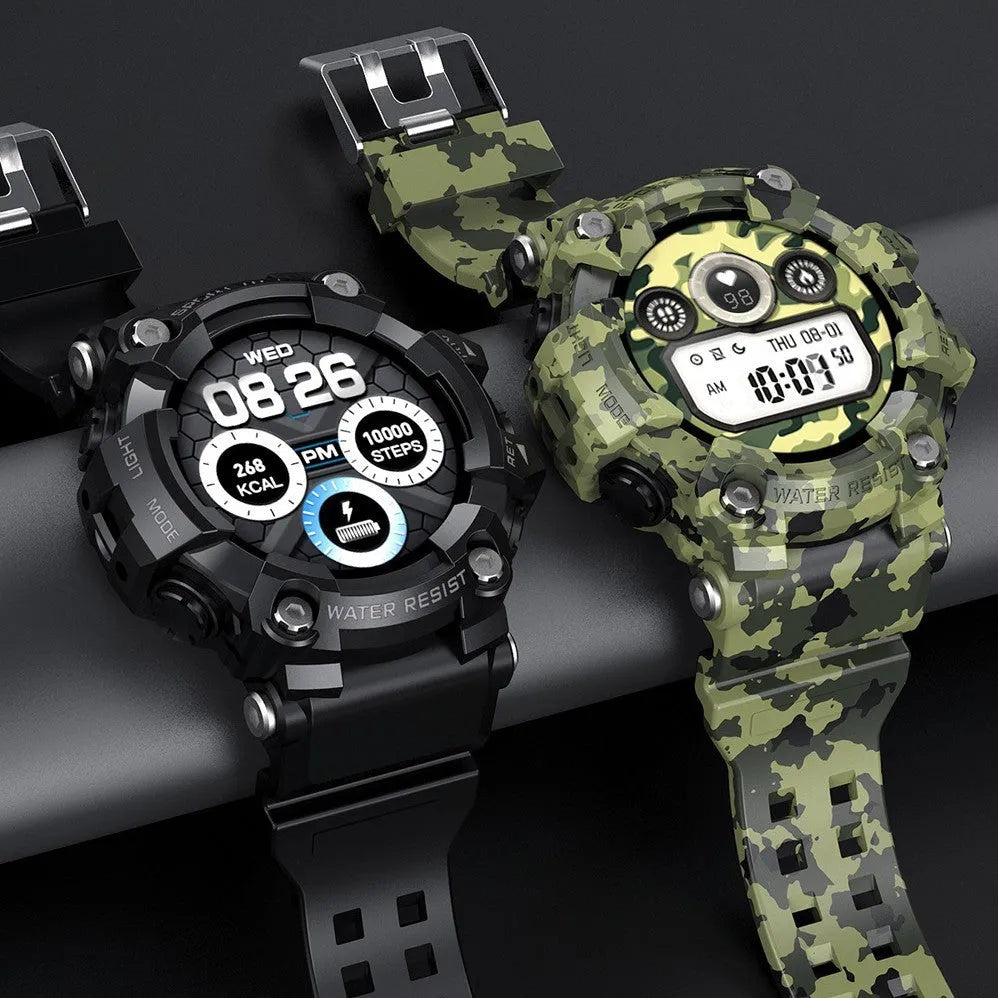 Tactical smart watch with 1.3-inch screen, alloy case, and black wristband on display