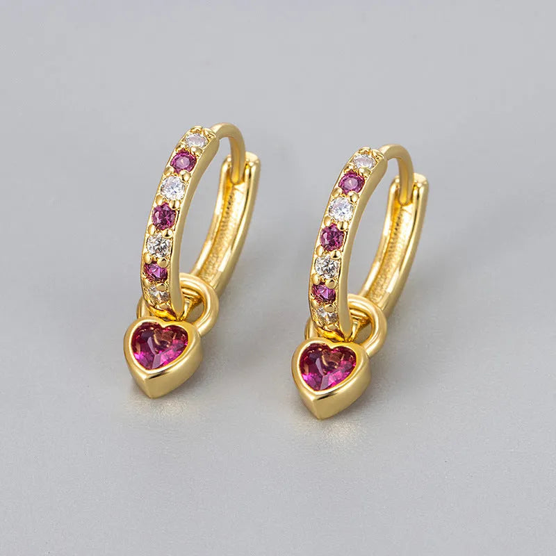 Women's heart-shaped fashion earrings with a coloured loving heart ear clip, available with zircon, corundum or beka stone.