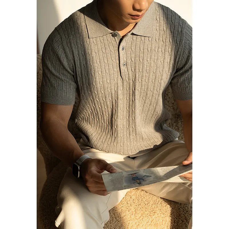 Men's short sleeve knit polo shirt in khaki, black, or white for business and office wear