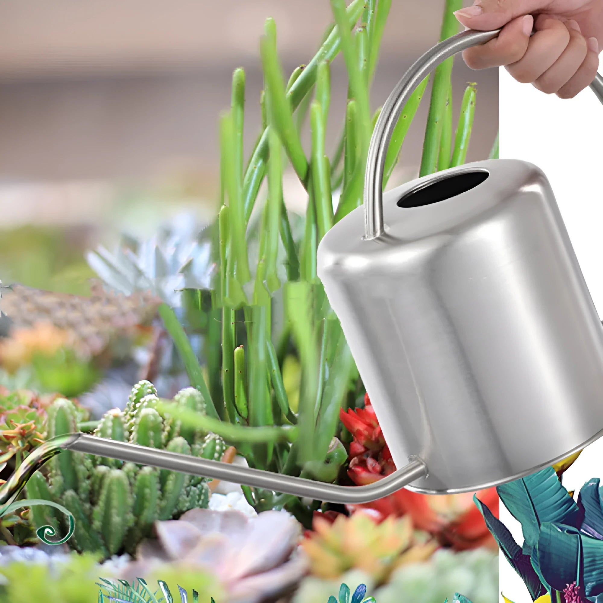 Stainless steel 2 litre watering can with long spout in black, gold, or silver finish