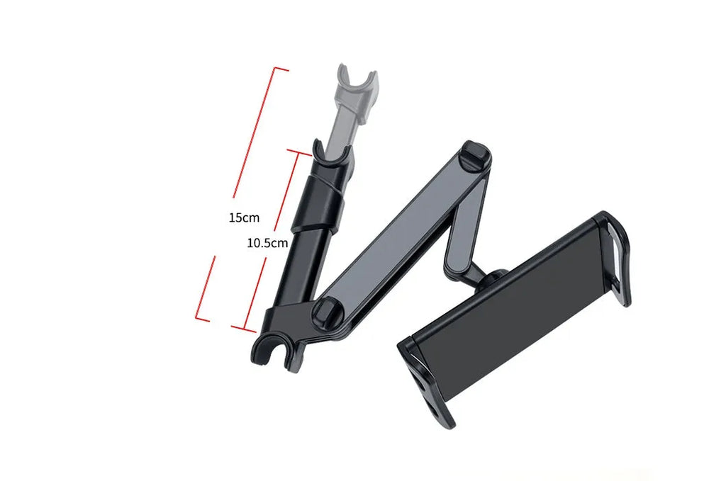 Black universal car phone holder mounted on a rear car seat, holding a tablet for navigation.