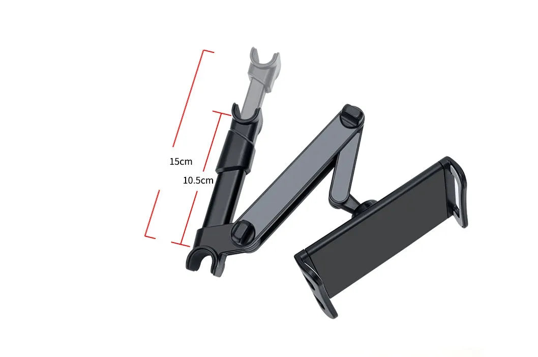 Black universal car phone holder mounted on a rear car seat, holding a tablet for navigation.