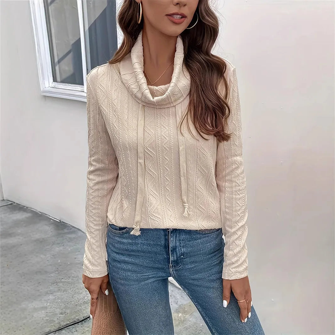 Apricot coloured long sleeve hooded pullover sweater with drawstring