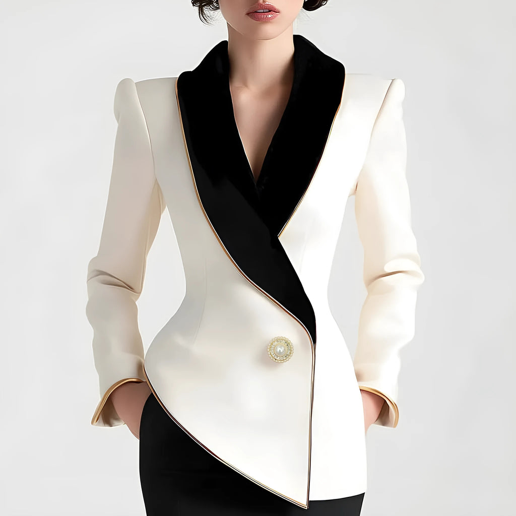 Women's milky white coat with irregular hem and golden pearl buttons on long sleeves