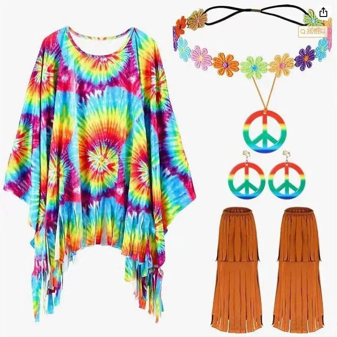 Tie-dye cloak costume with bell sleeves in rainbow colours for Halloween parties